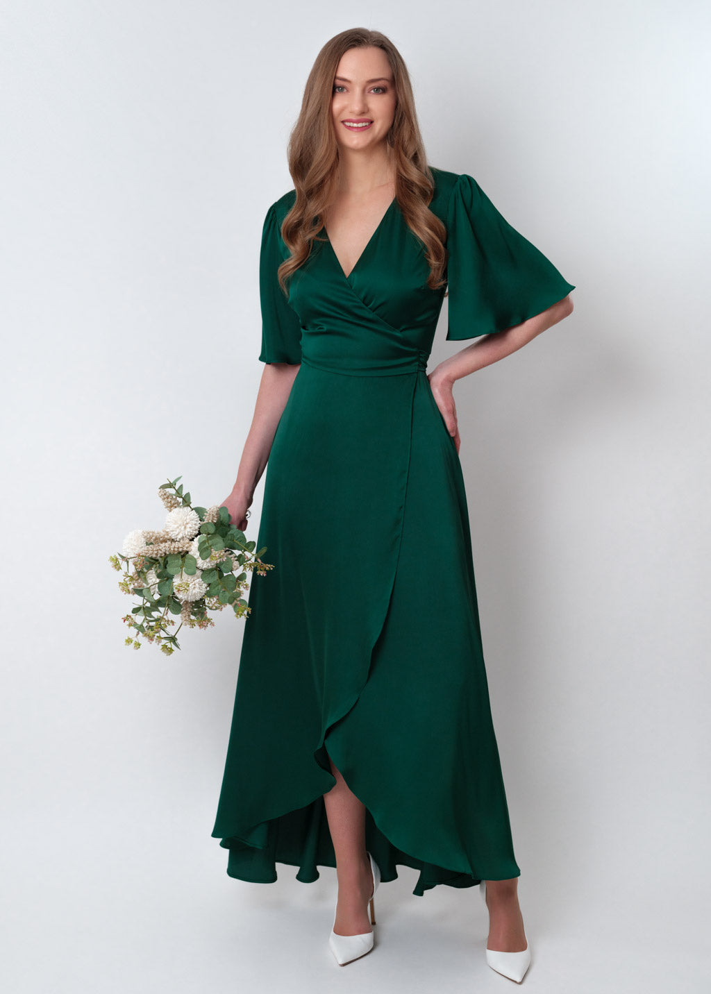 Dark green silk long wrap dress