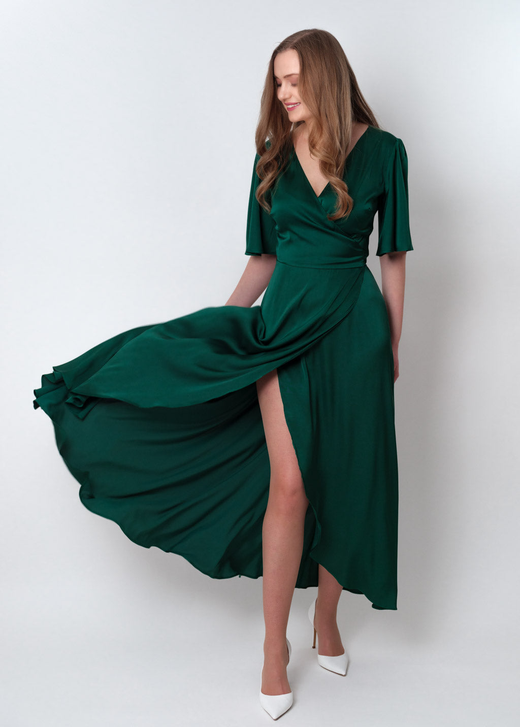 Dark green silk long wrap dress