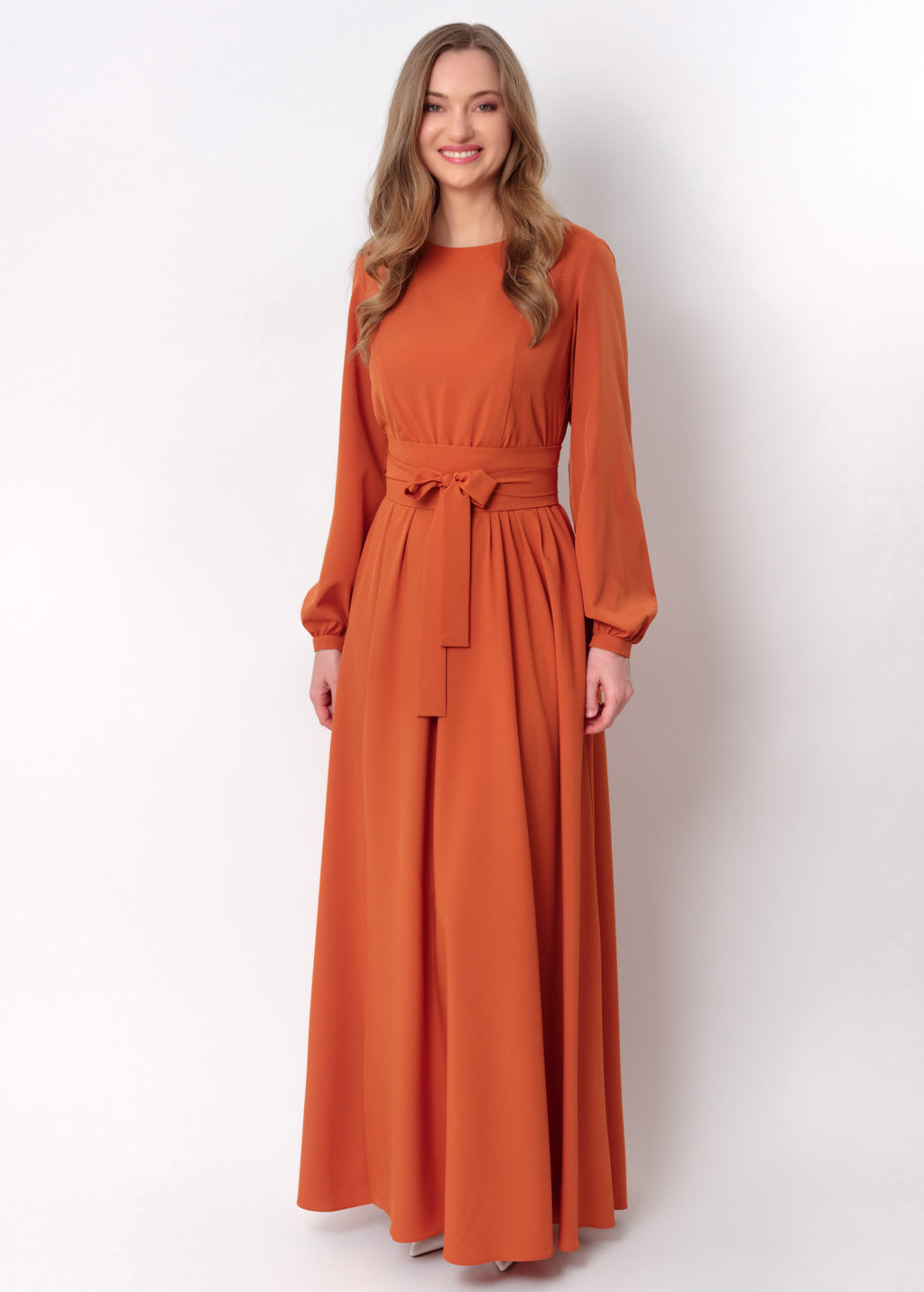 Rust orange long dress with belt