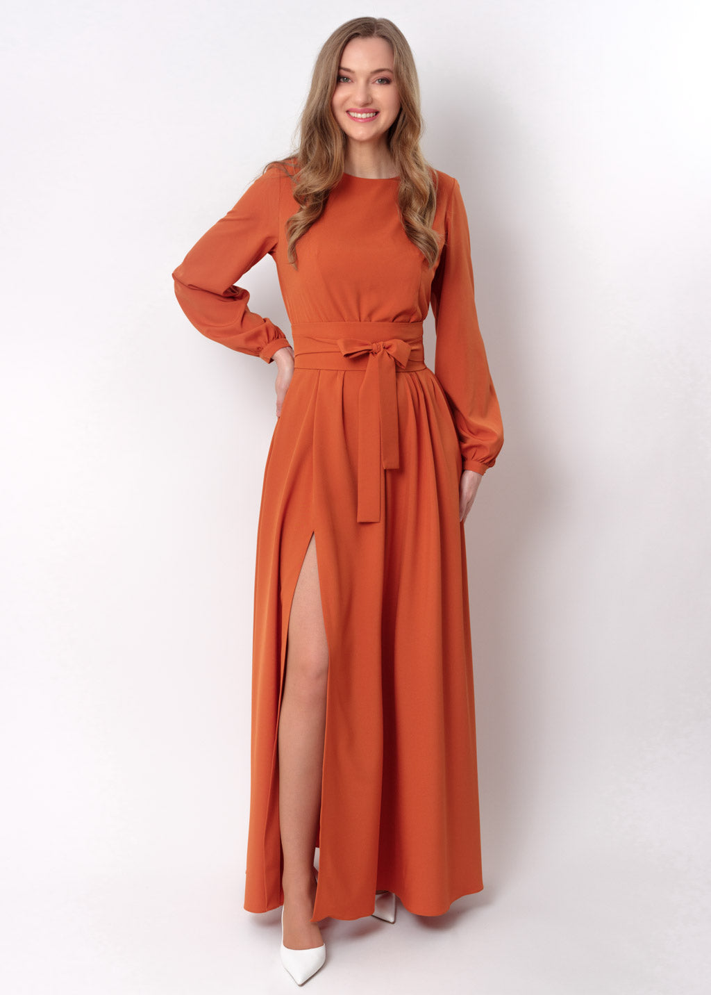 Rust orange slit dress with belt