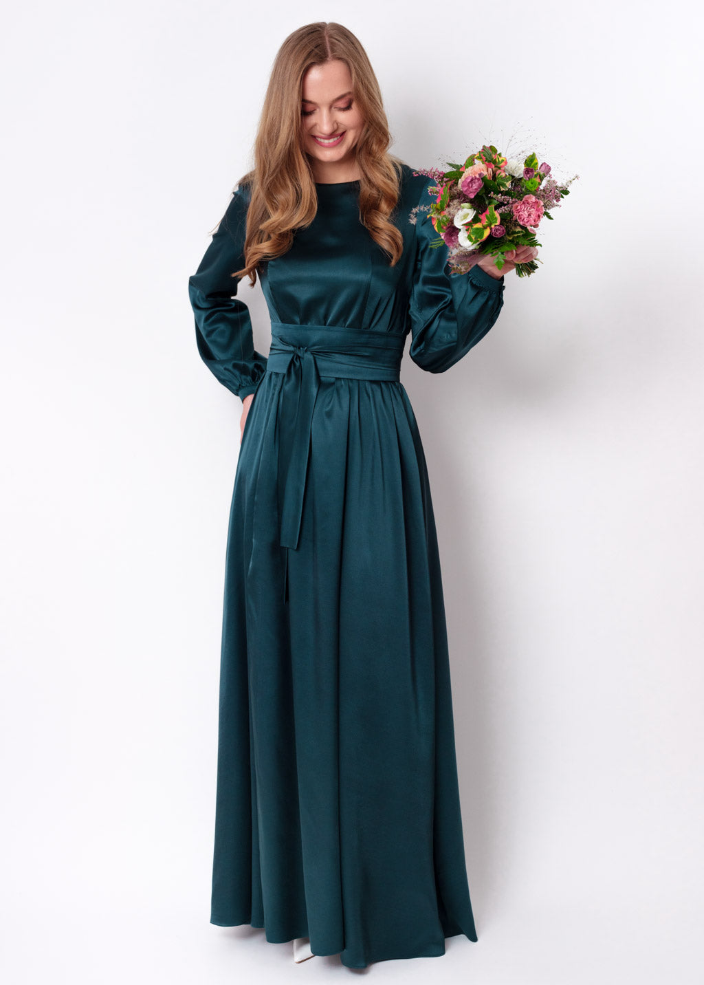 Dark teal green slit silk dress with belt