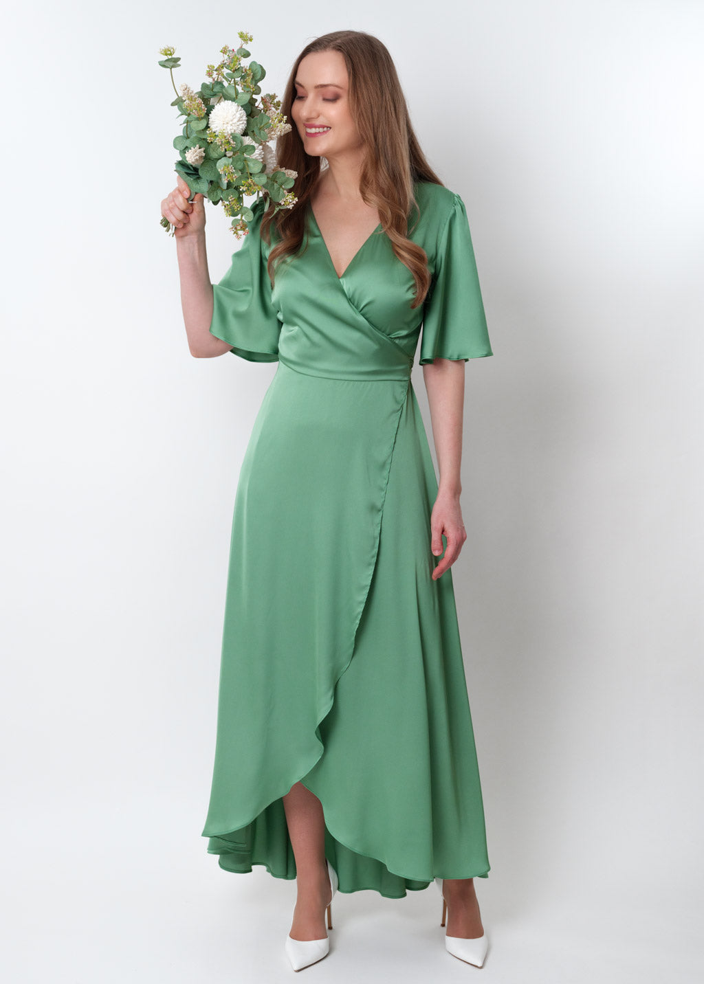 Olive green silk long wrap dress