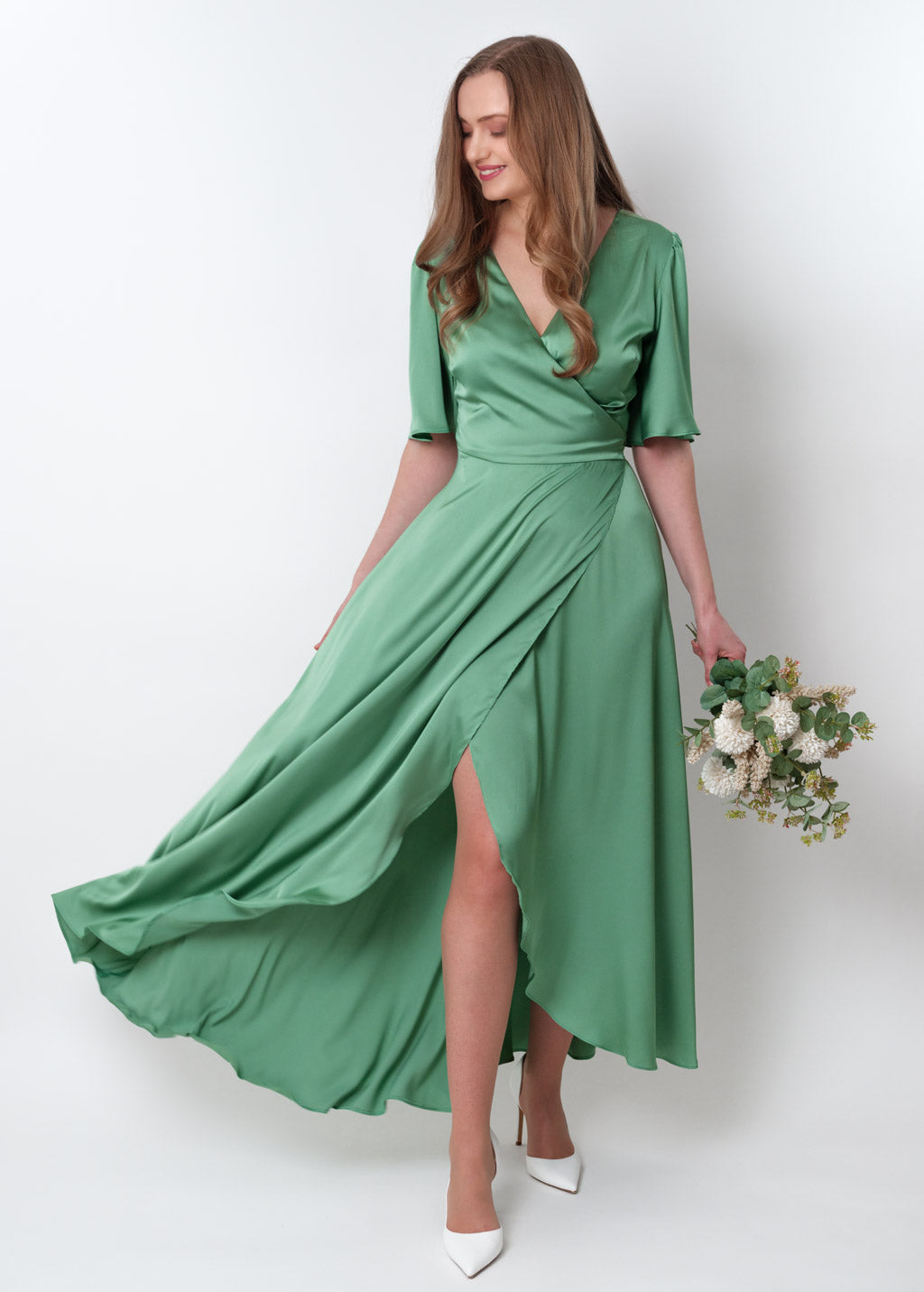 Olive green silk long wrap dress