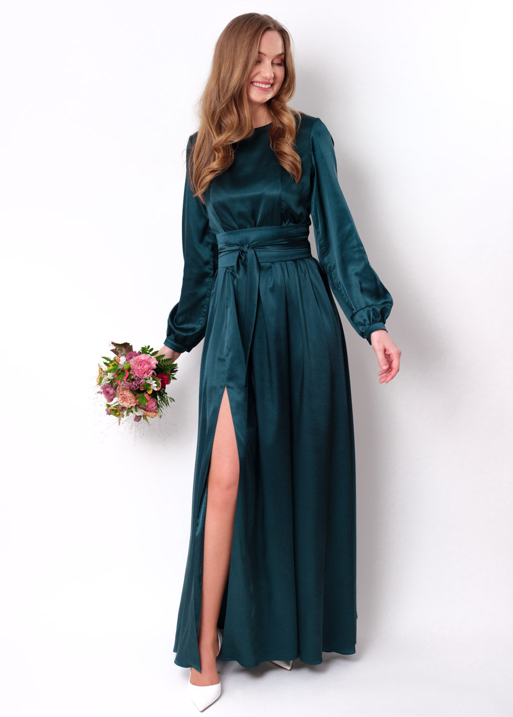 Dark teal green slit silk dress with belt