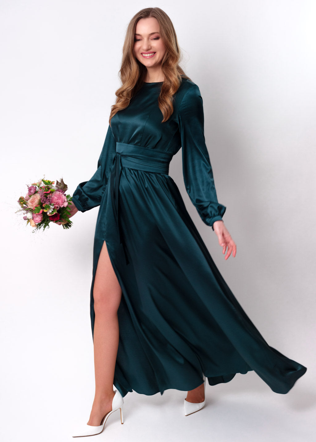 Dark teal green slit silk dress with belt