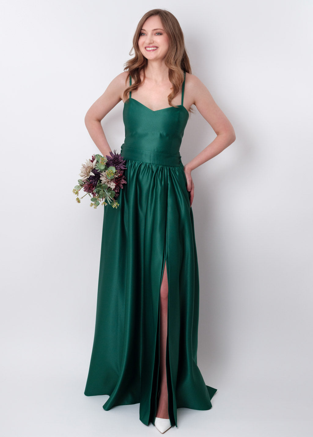 Emerald green slit satin open back dress