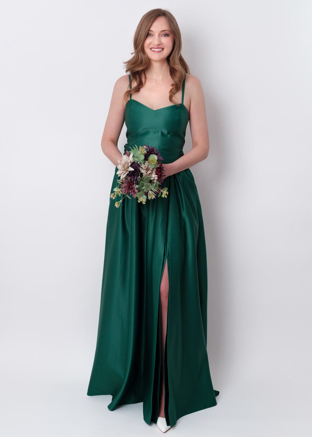 Emerald green slit satin open back dress