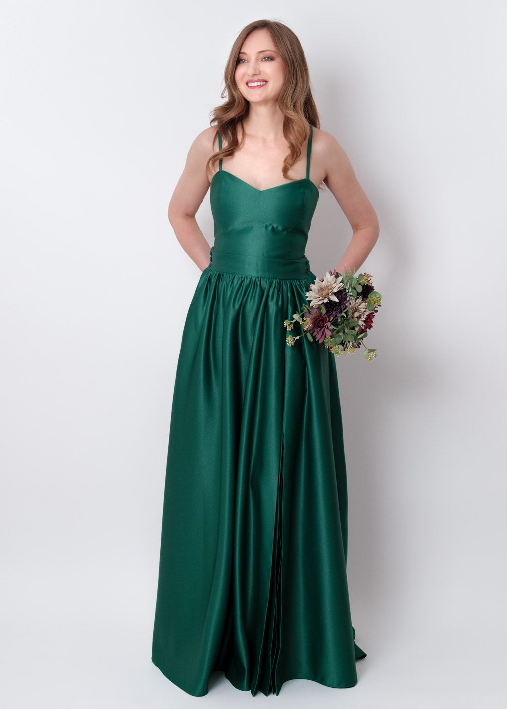 Emerald green slit satin open back dress