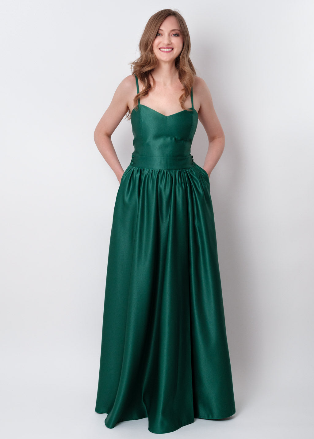 Emerald green slit satin open back dress