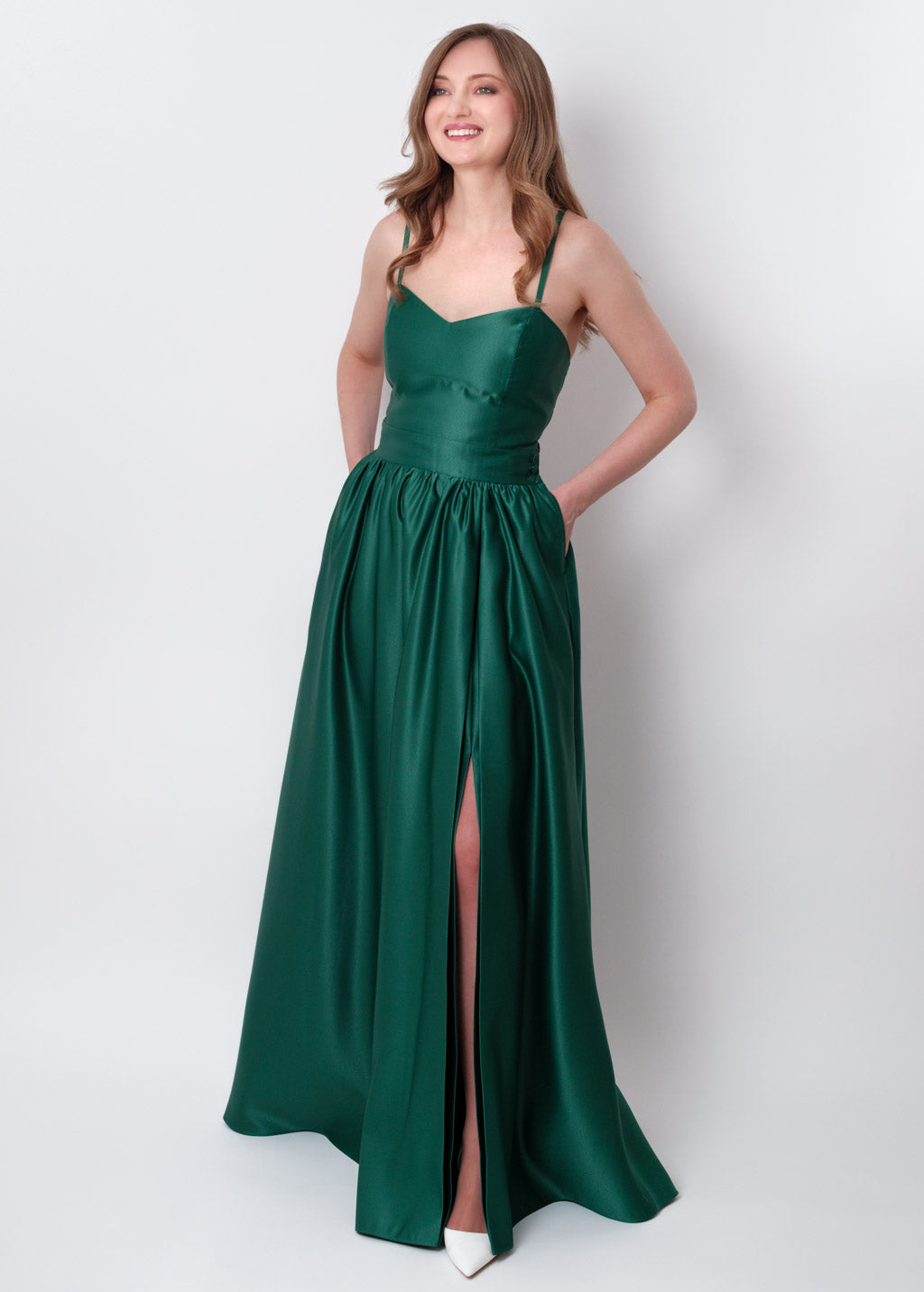 Emerald green slit satin open back dress