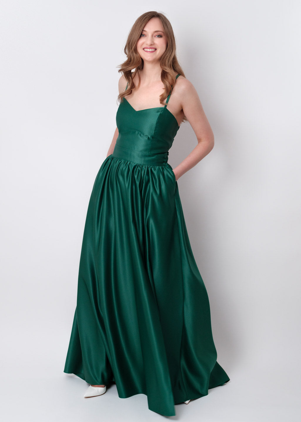 Emerald green slit satin open back dress