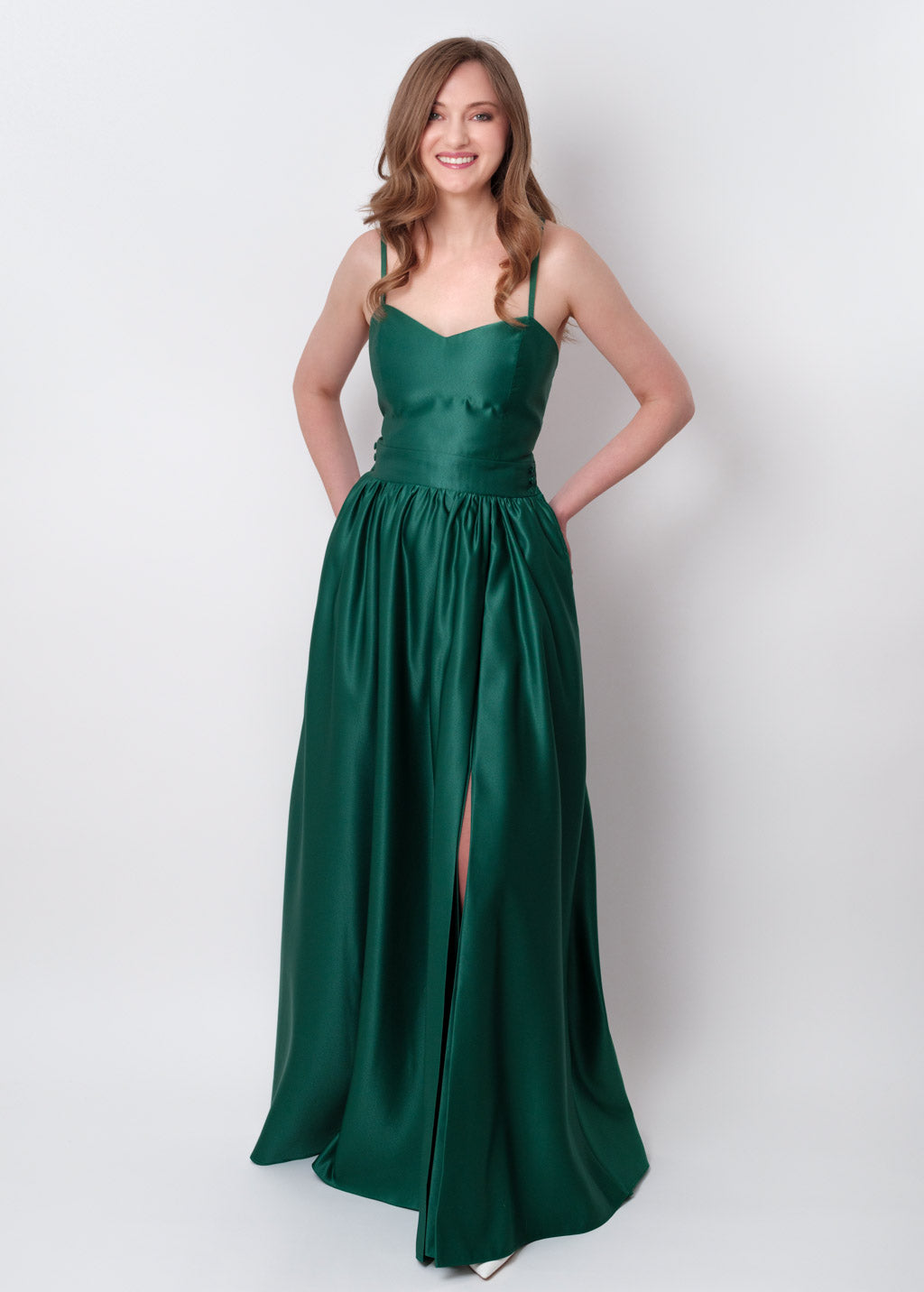 Emerald green slit satin open back dress
