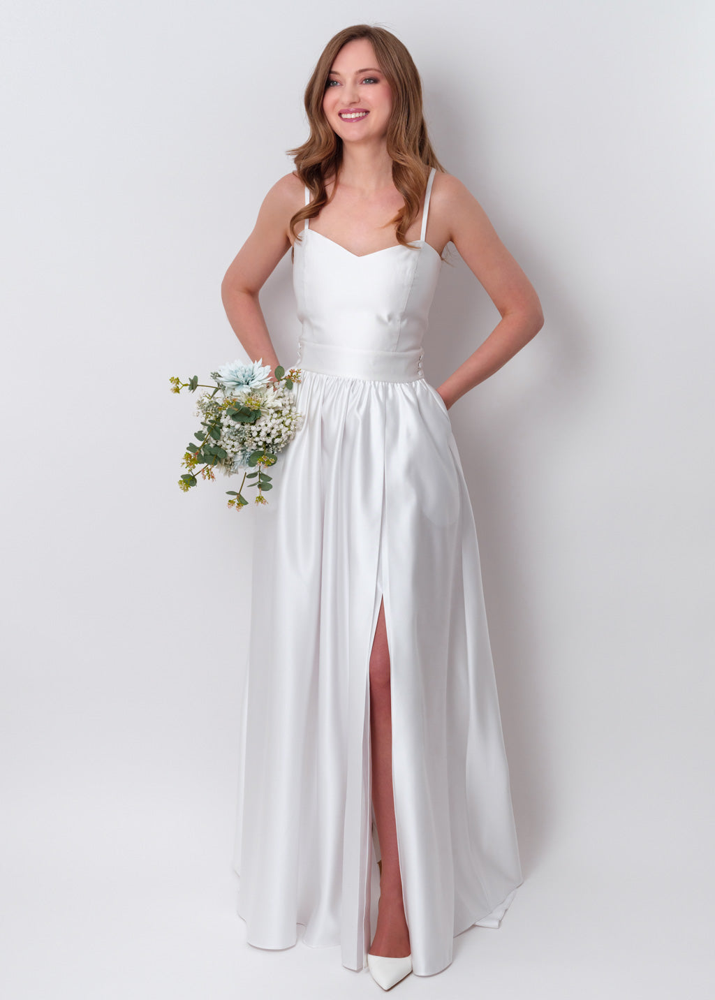 White slit satin open back dress