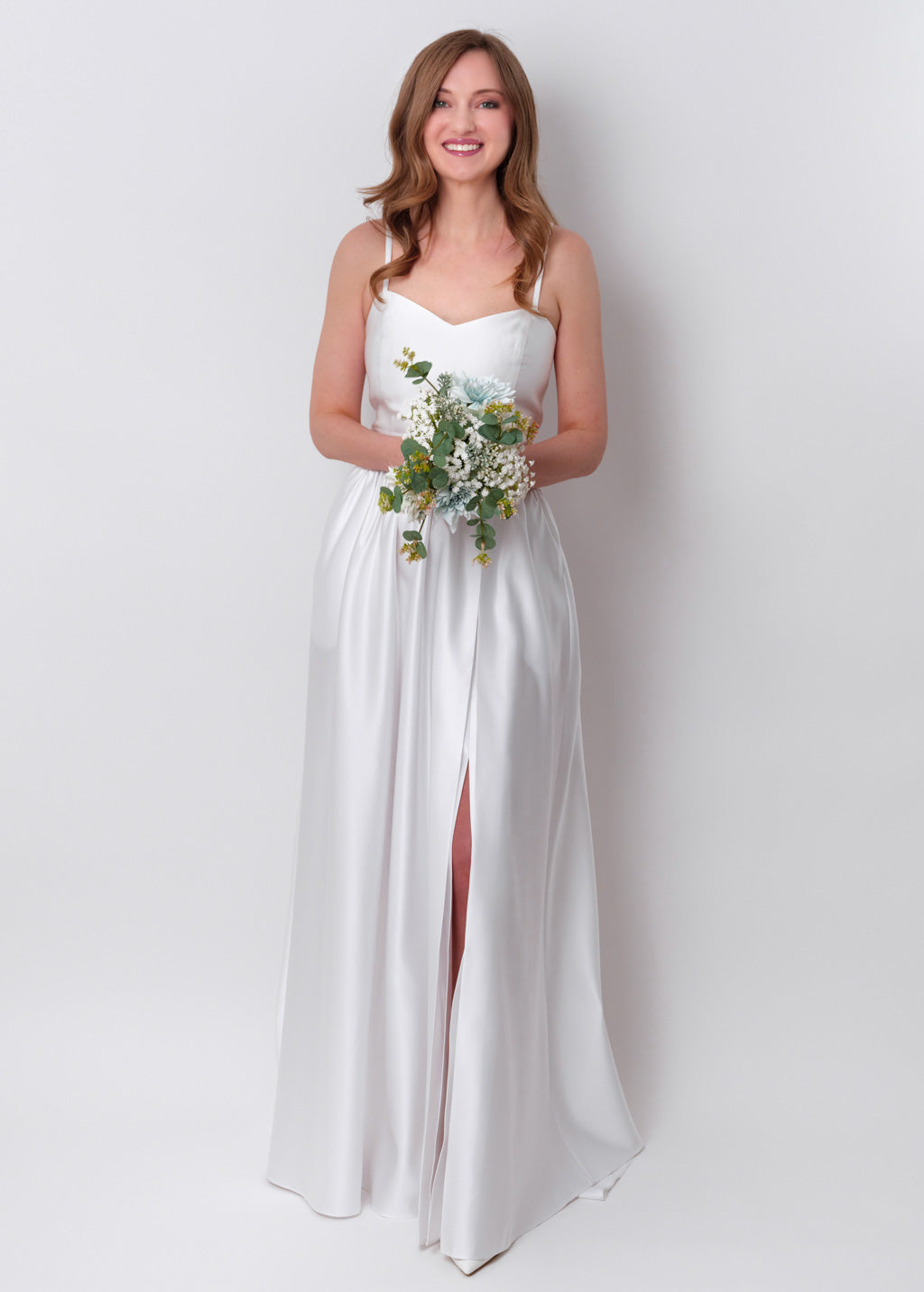 White slit satin open back dress