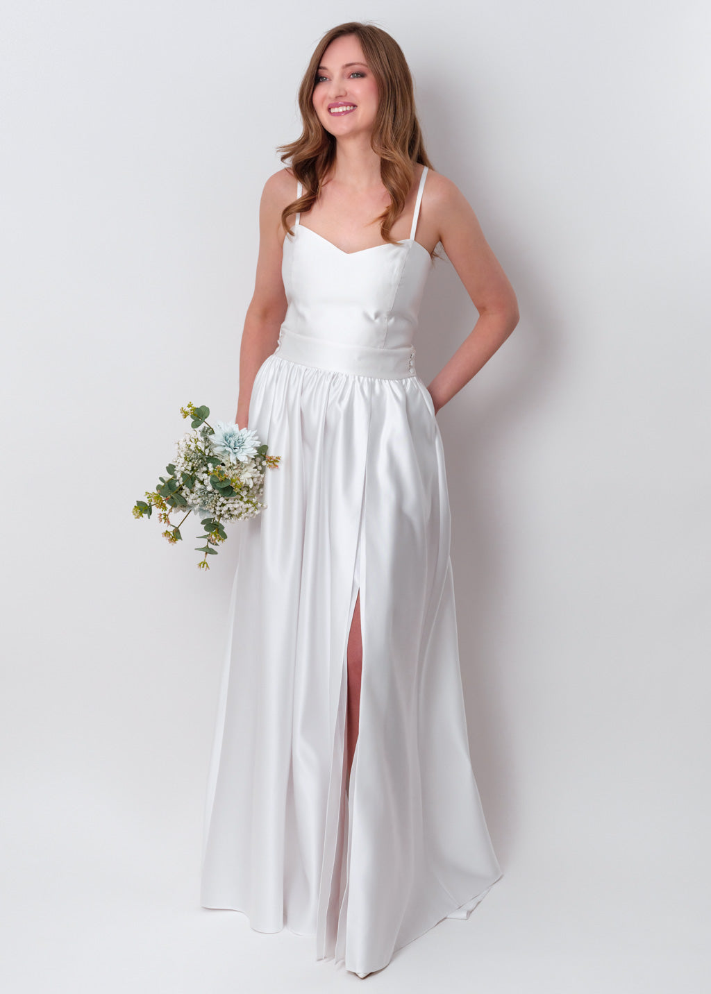 White slit satin open back dress