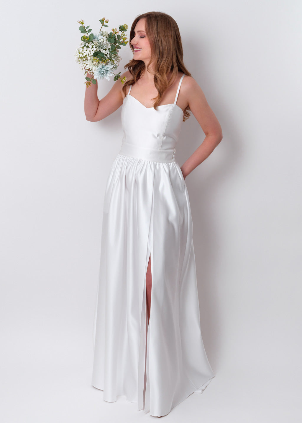 White slit satin open back dress