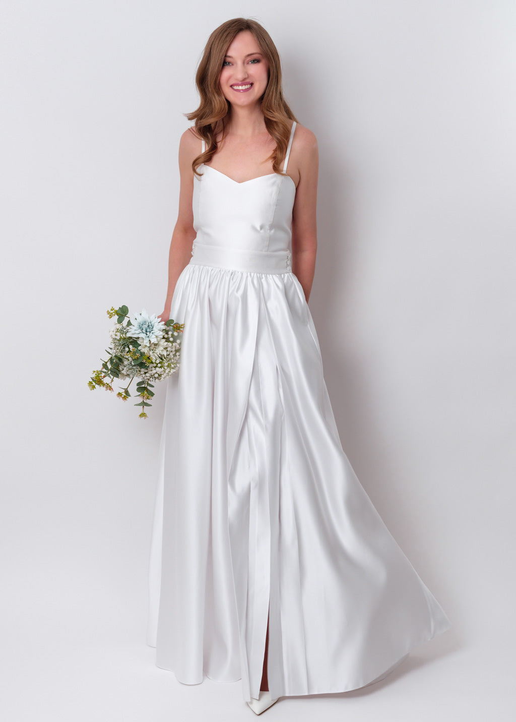 White slit satin open back dress