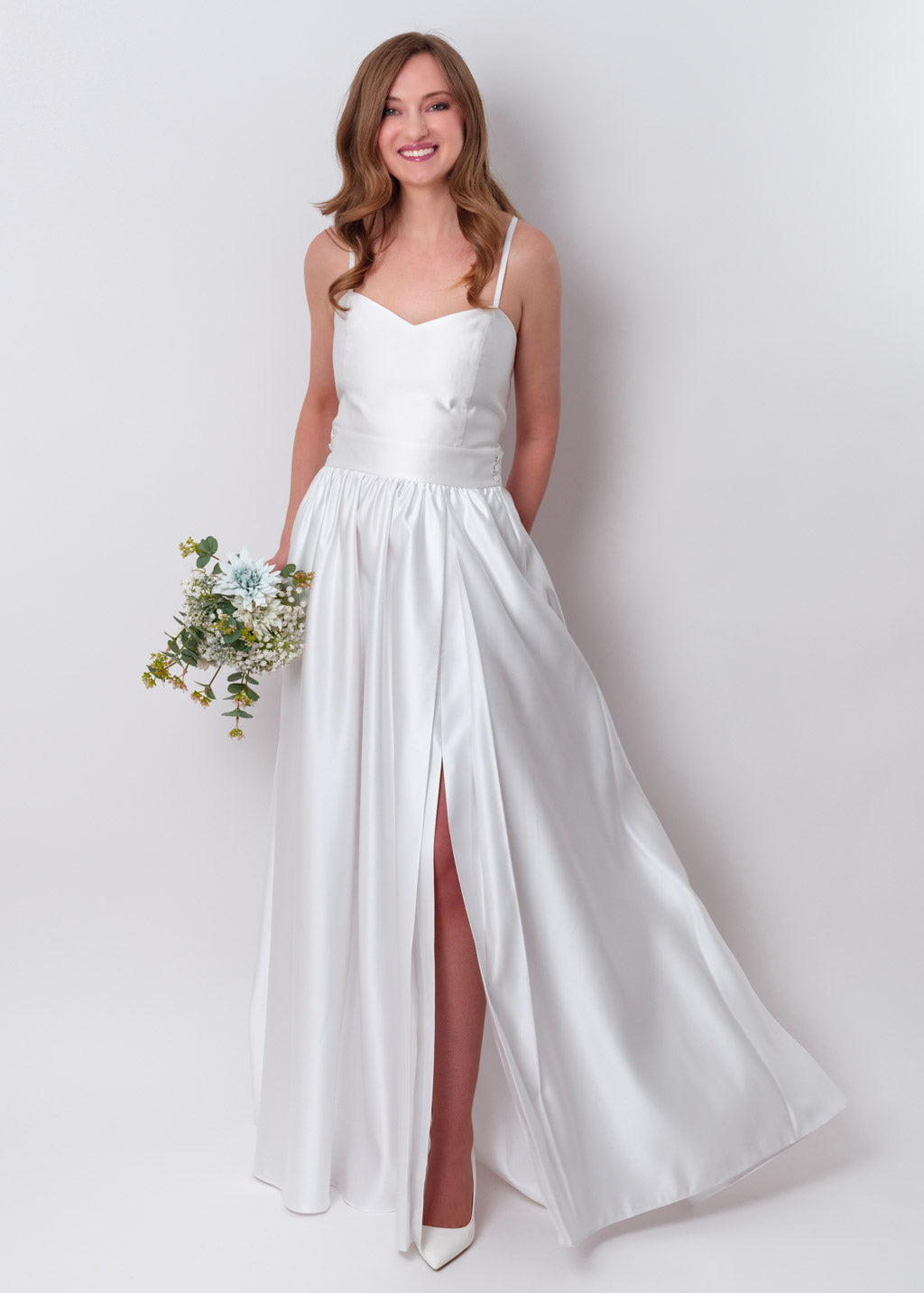 White slit satin open back dress