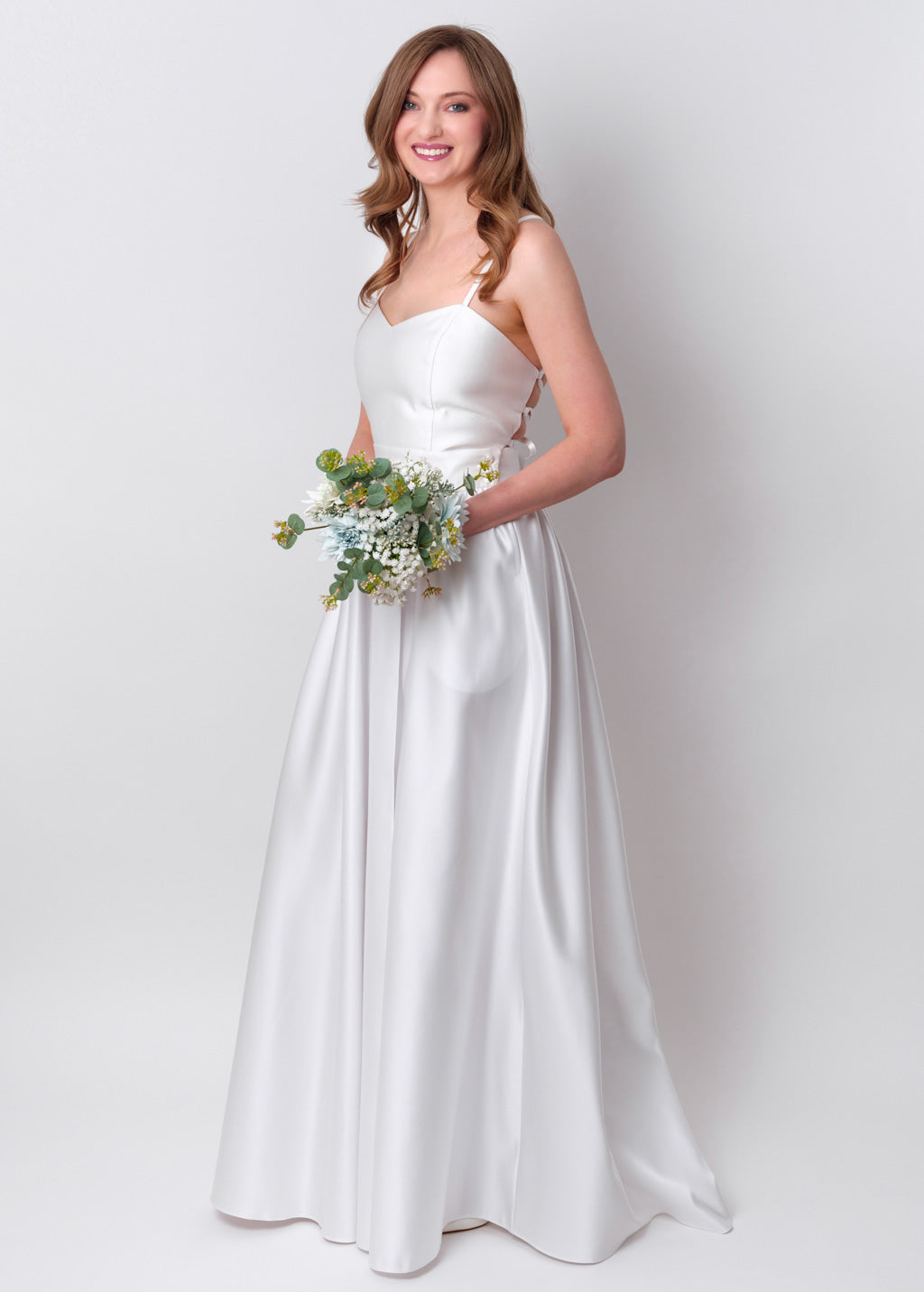 White slit satin open back dress