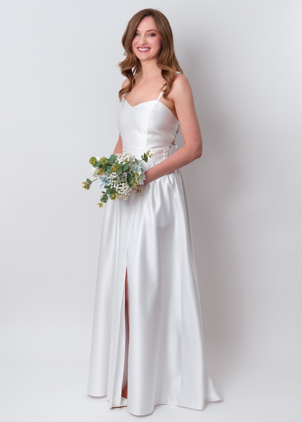 White slit satin open back dress