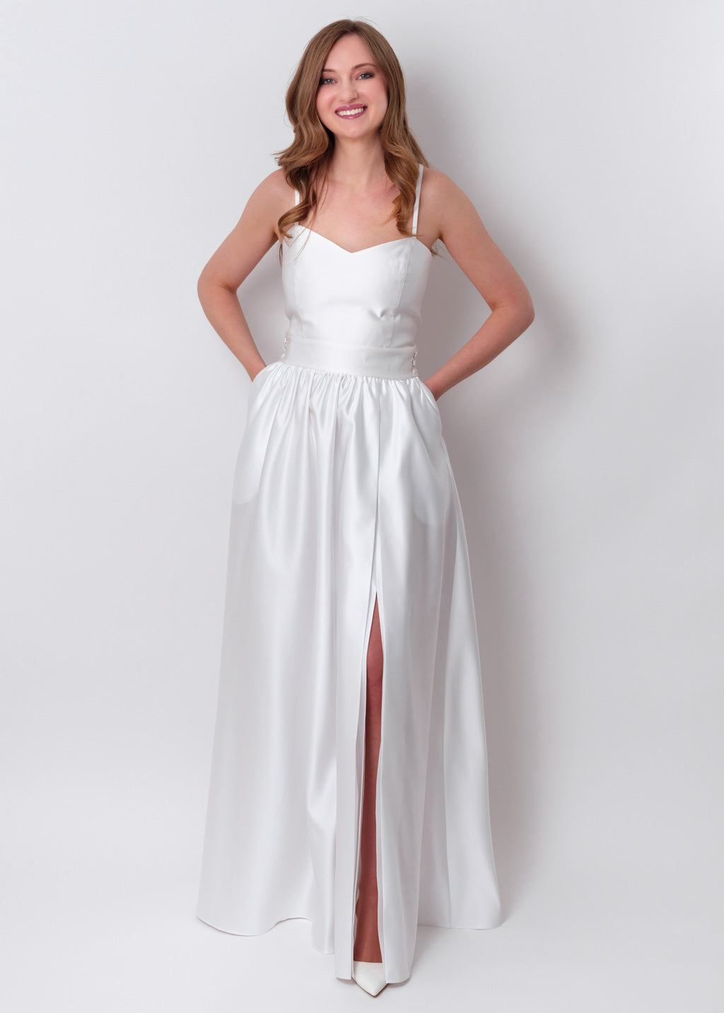 White slit satin open back dress
