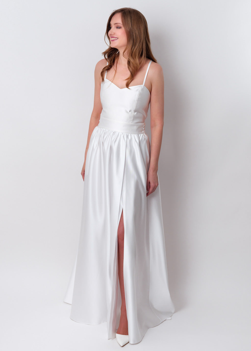 White slit satin open back dress