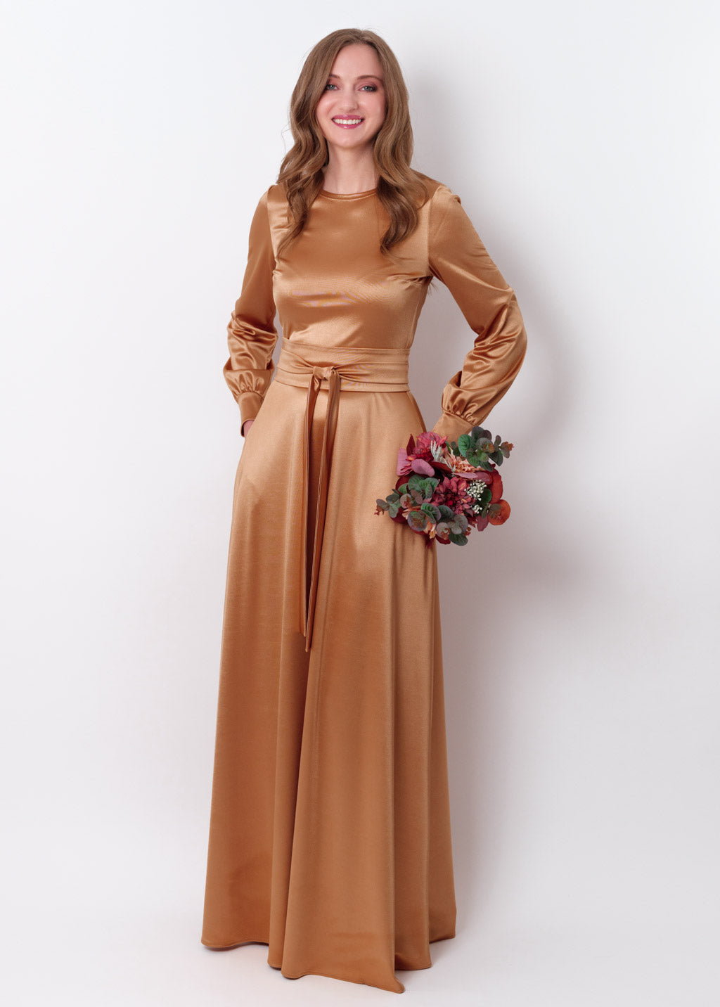 Gold luxury satin dress with belt