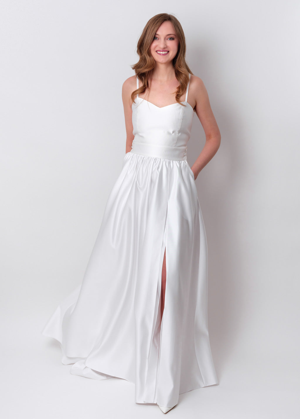 White slit satin open back dress