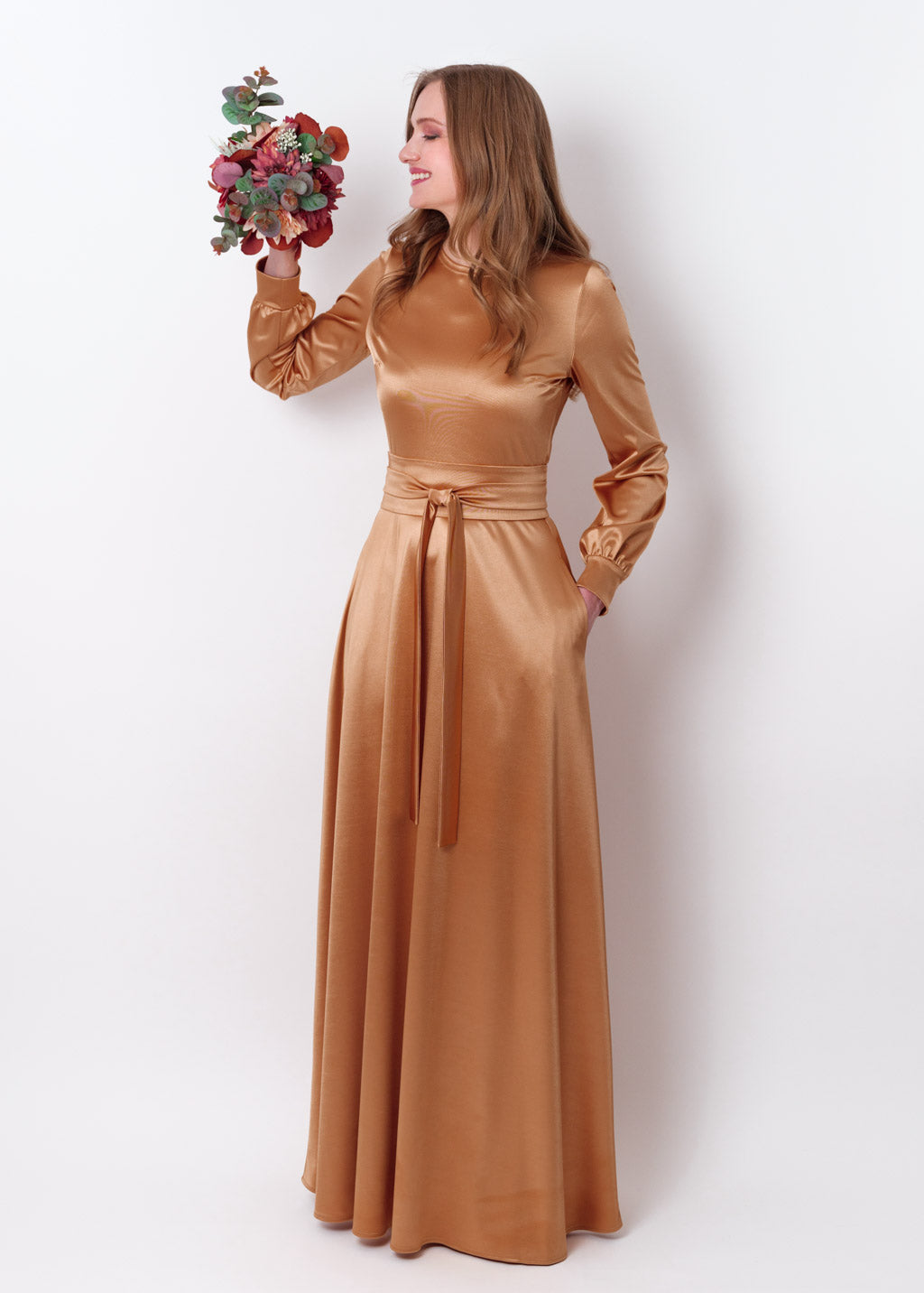 Gold luxury satin dress with belt