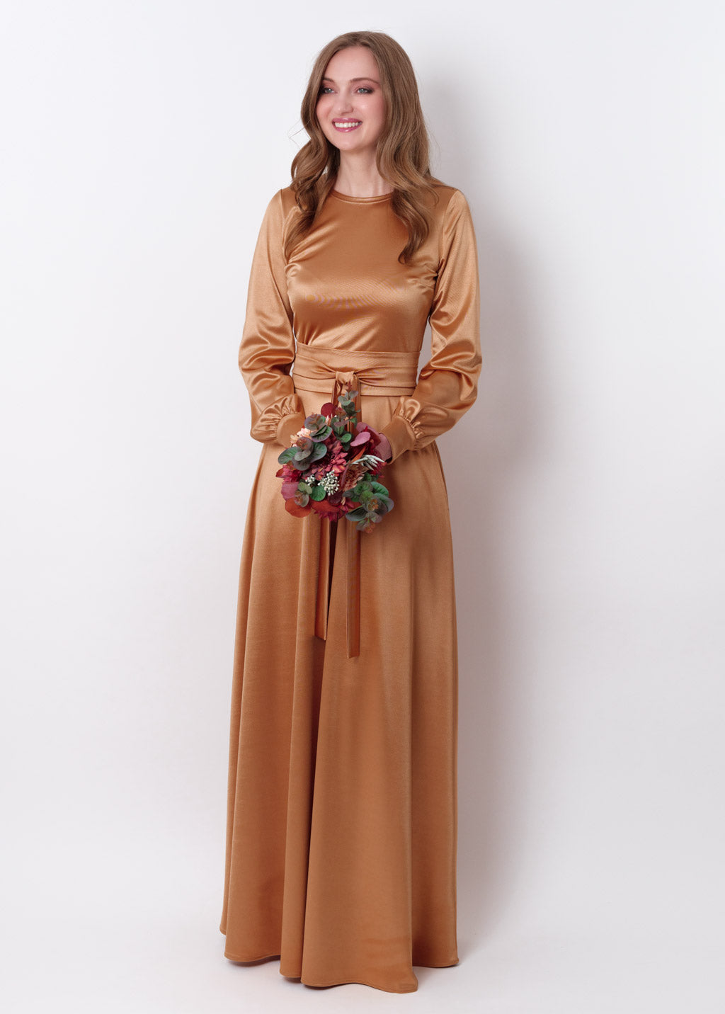 Gold luxury satin dress with belt