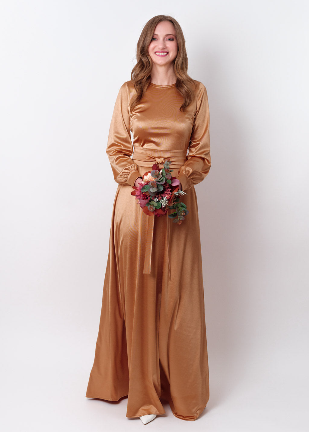 Gold luxury satin dress with belt