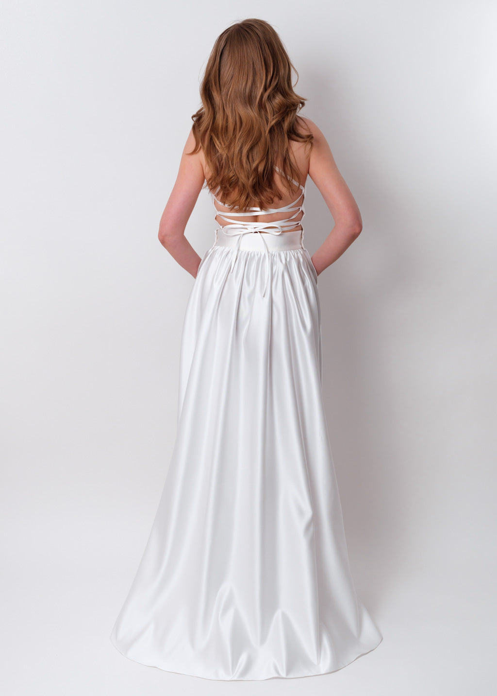 White slit satin open back dress