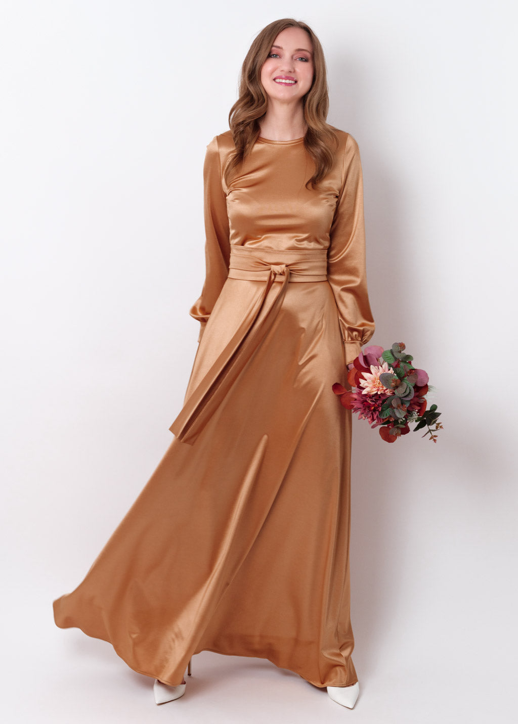 Gold luxury satin dress with belt