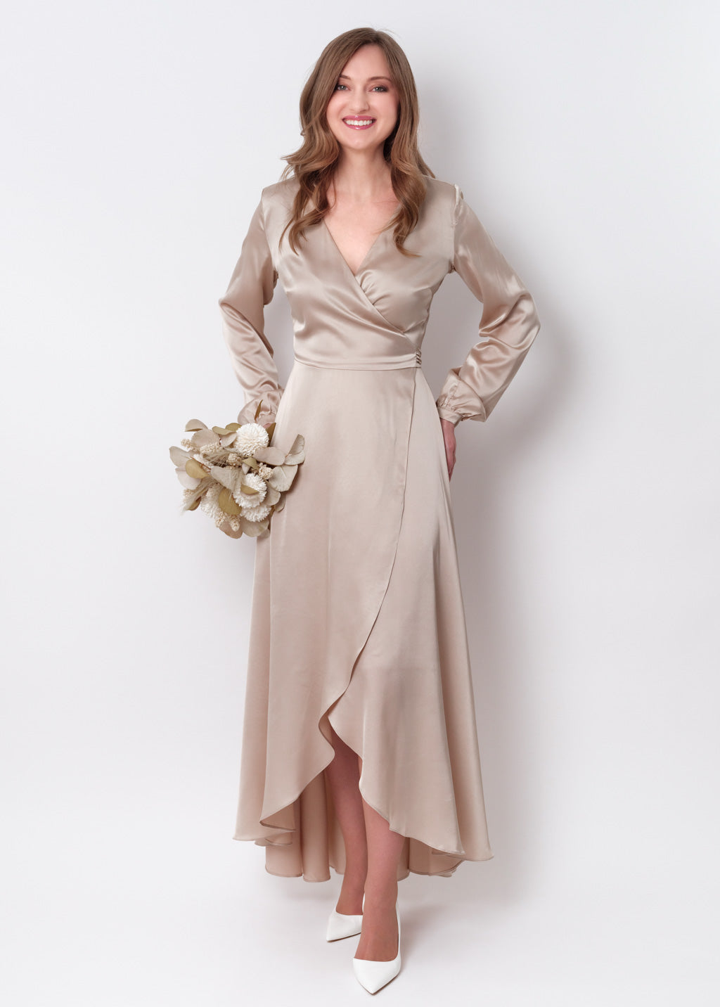 Champagne beige silk long wrap dress