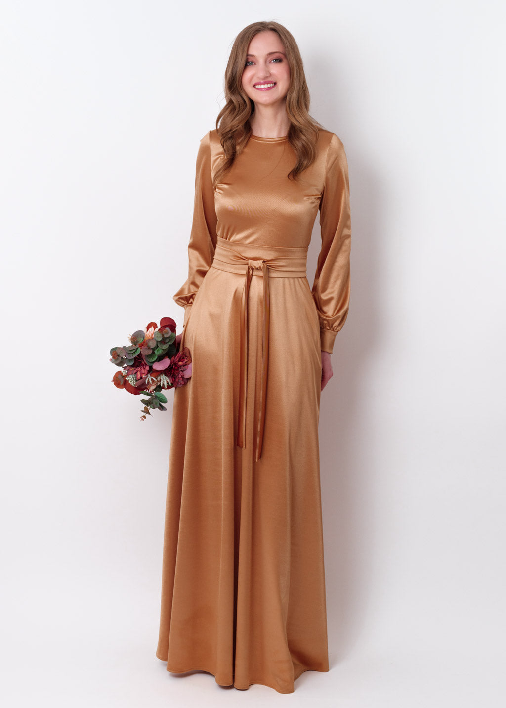 Gold luxury satin dress with belt