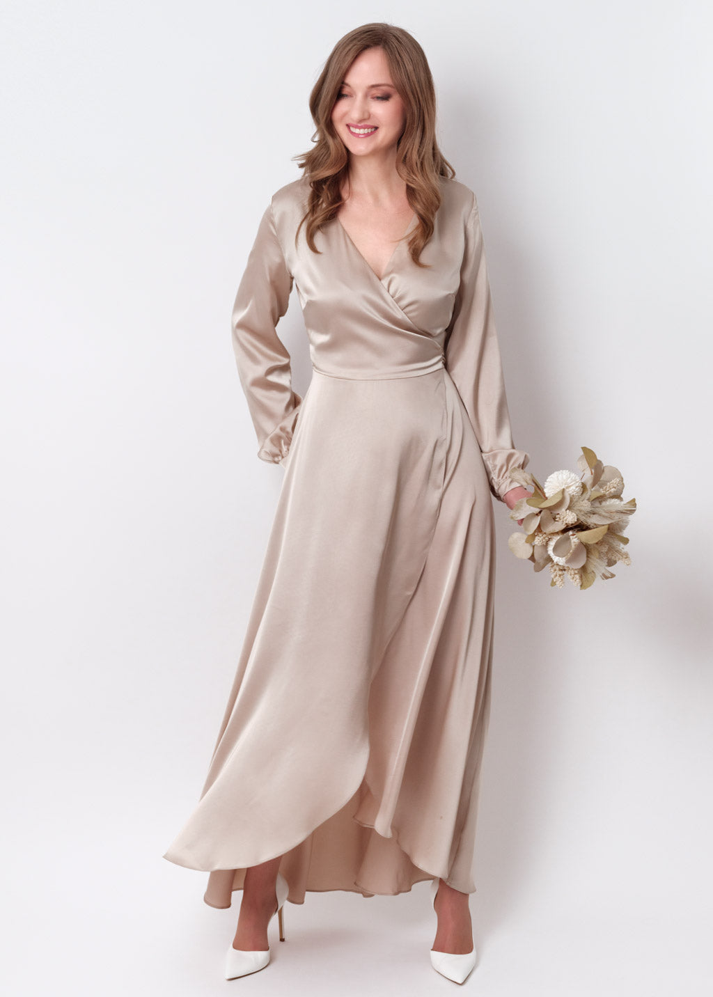 Champagne beige silk long wrap dress