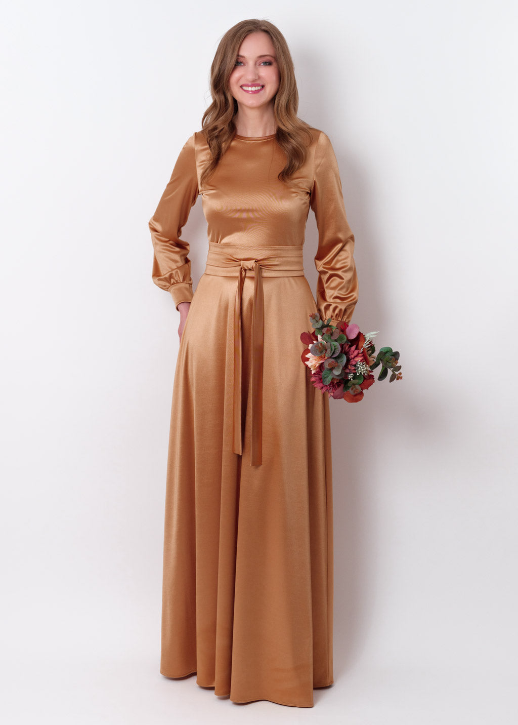 Gold luxury satin dress with belt