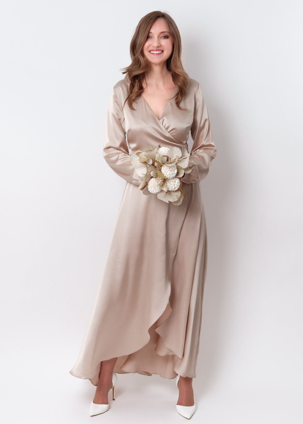 Champagne beige silk long wrap dress
