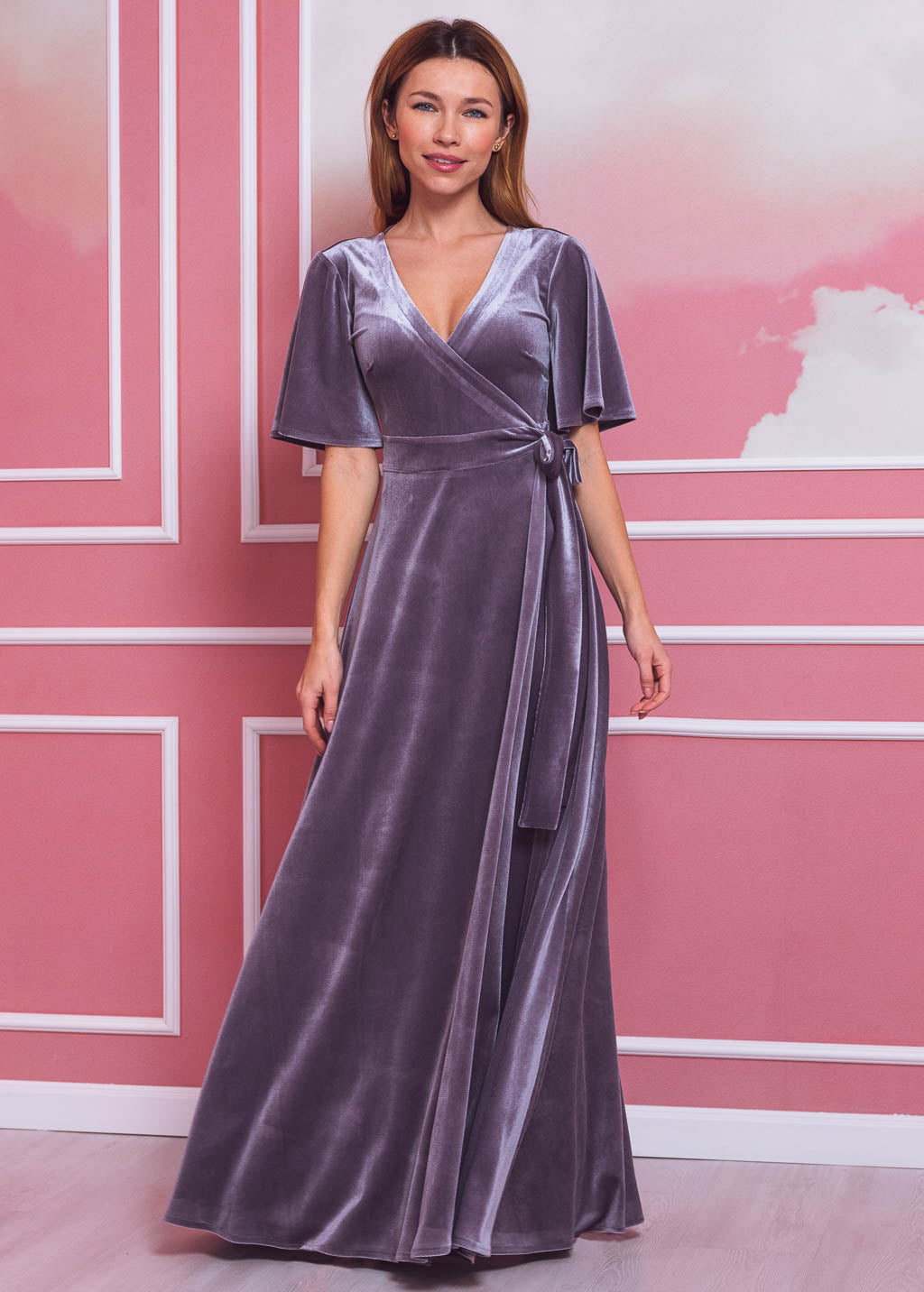 Silver grey elegant long wrap dress