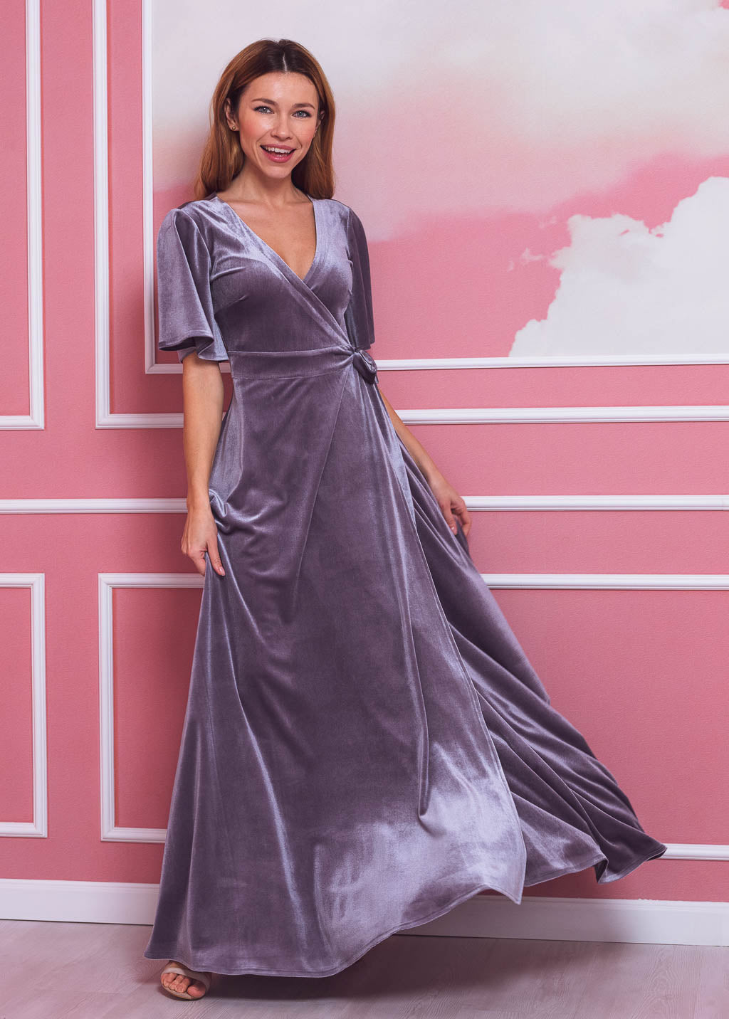 Silver grey elegant long wrap dress