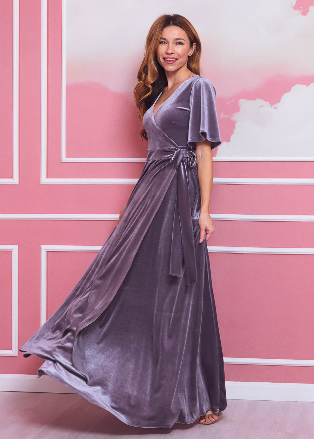 Silver grey elegant long wrap dress
