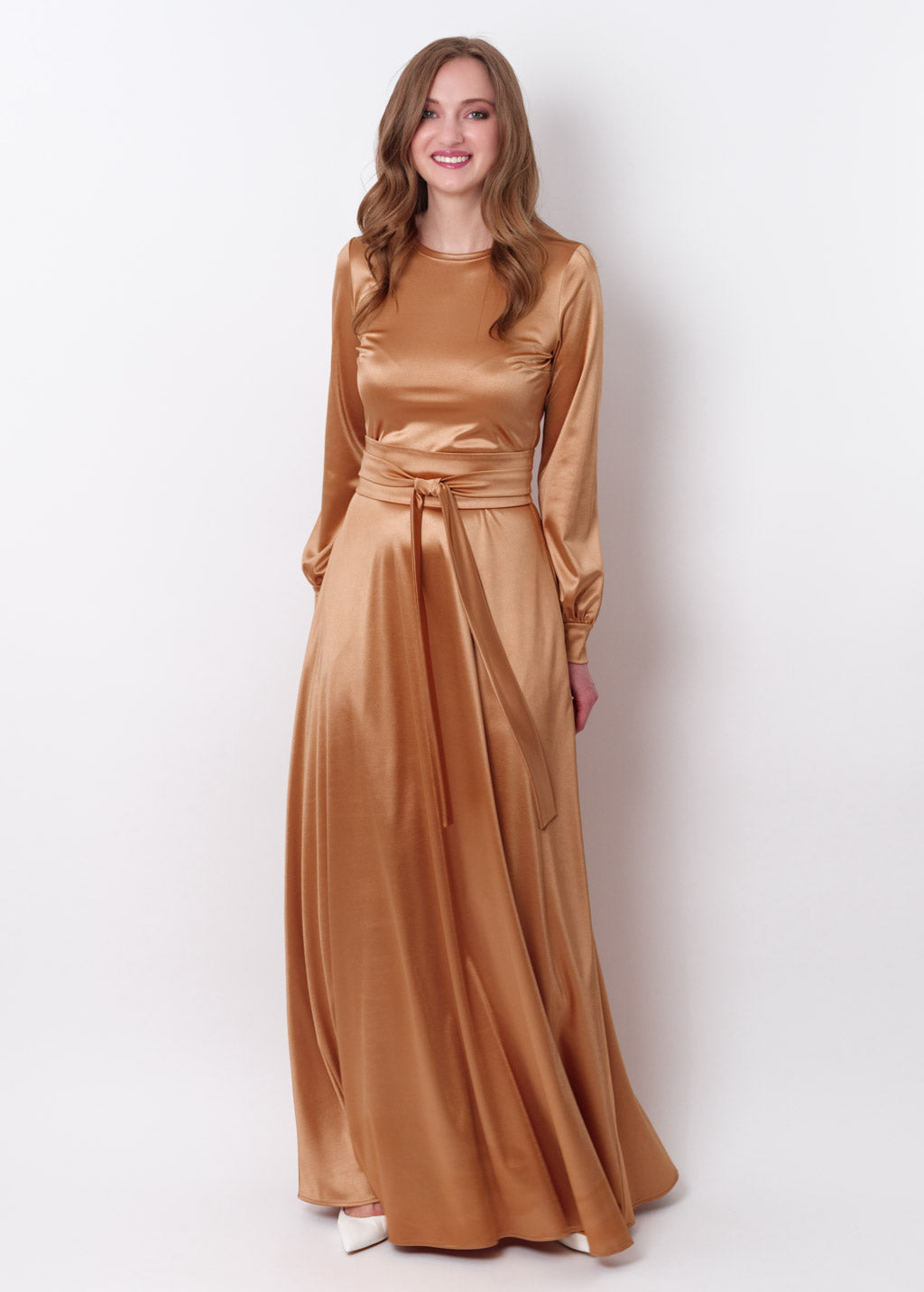 Gold luxury satin dress with belt