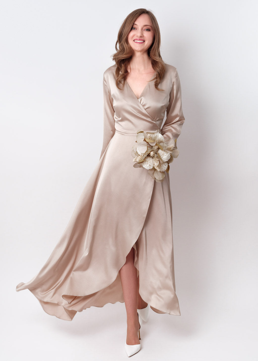 Champagne beige silk long wrap dress