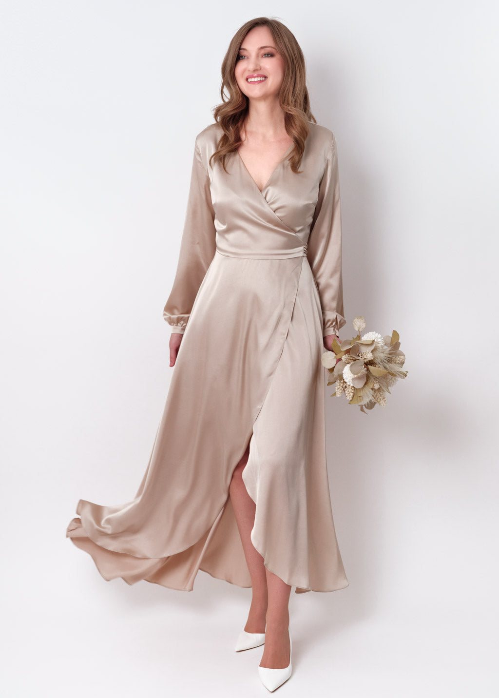Champagne beige silk long wrap dress