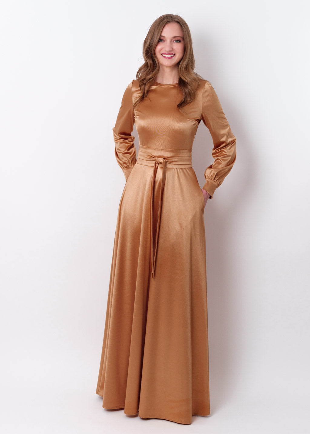 Gold luxury satin dress with belt
