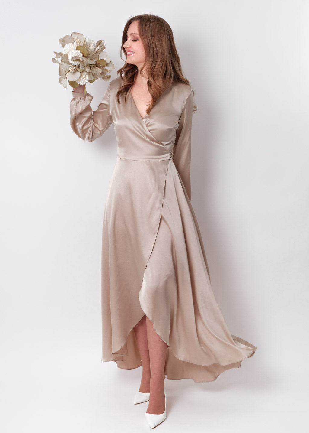 Champagne beige silk long wrap dress