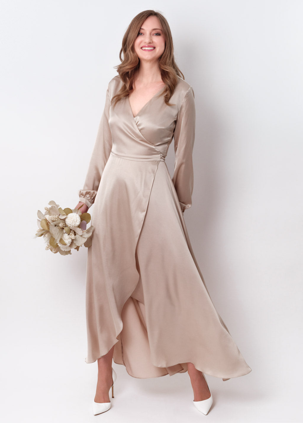 Champagne beige silk long wrap dress