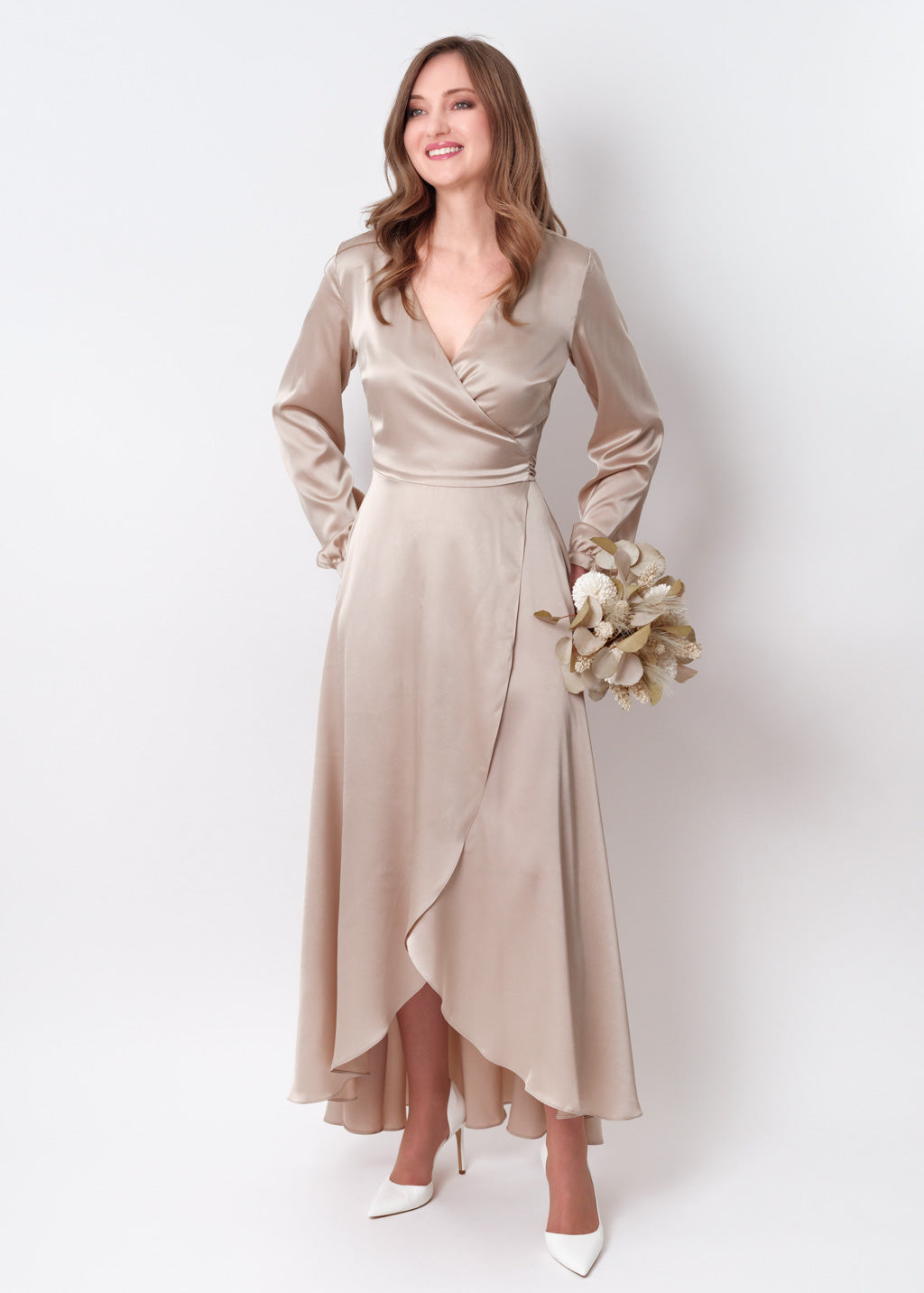 Champagne beige silk long wrap dress