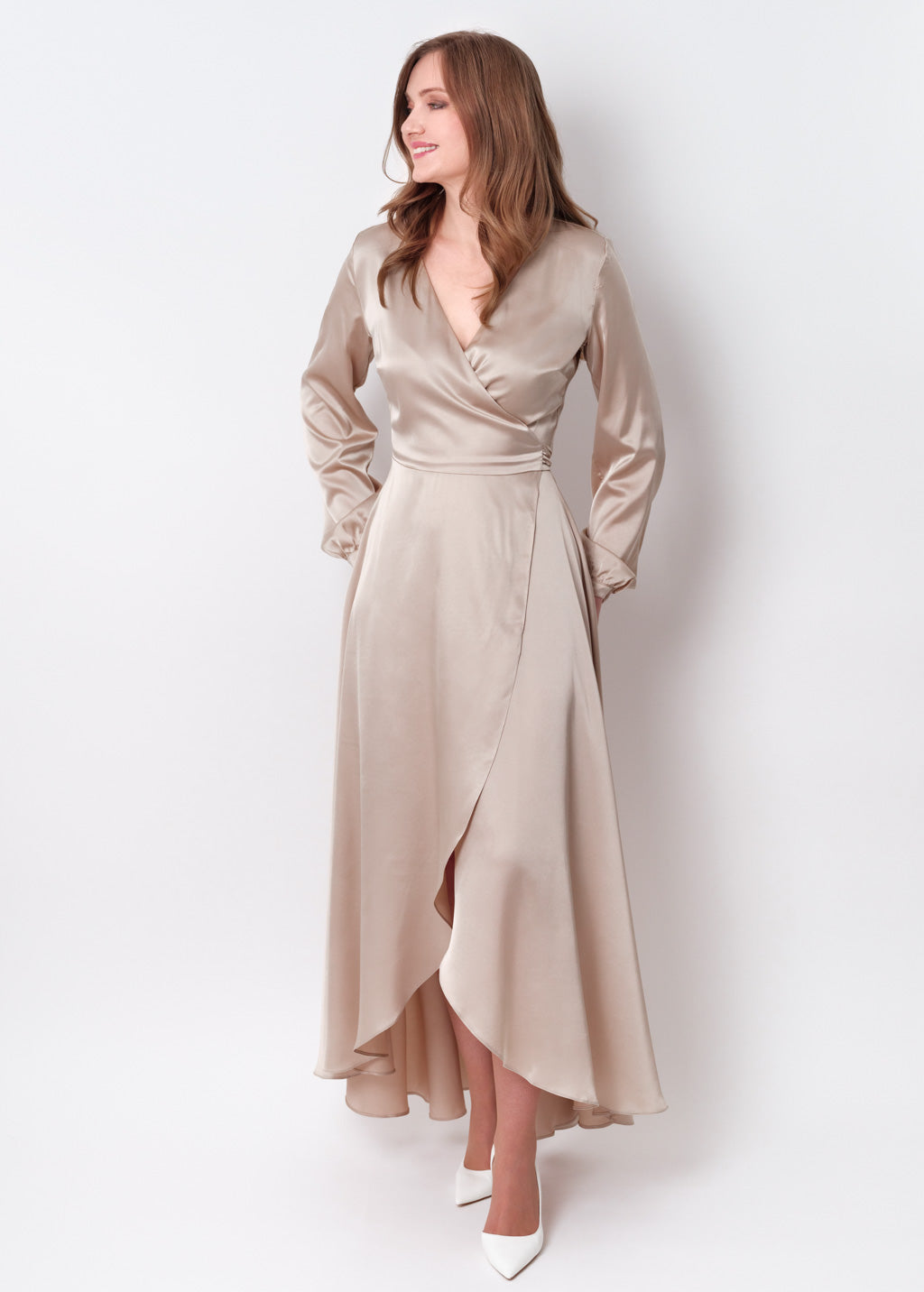 Champagne beige silk long wrap dress