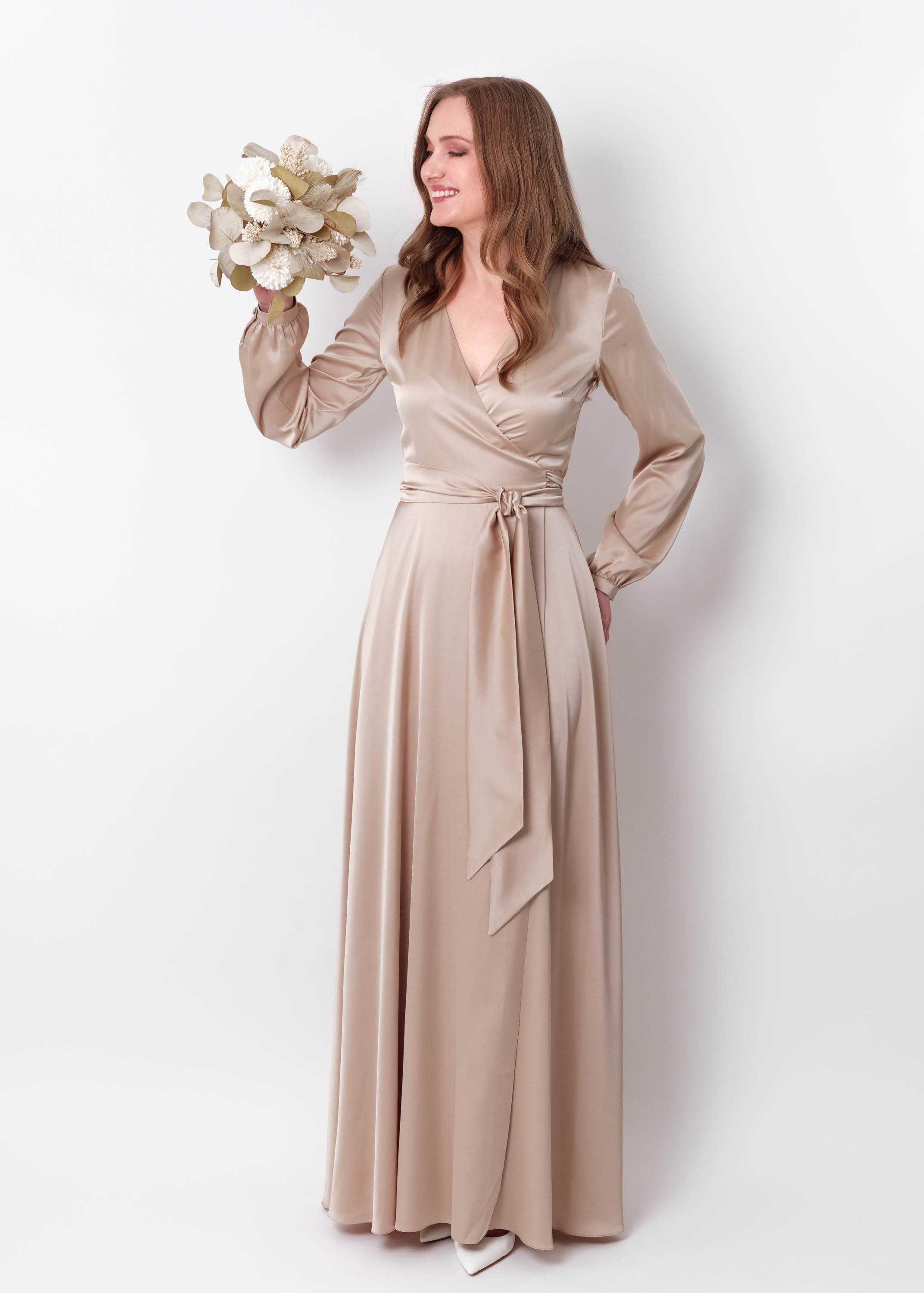 Champagne beige wrap long dress